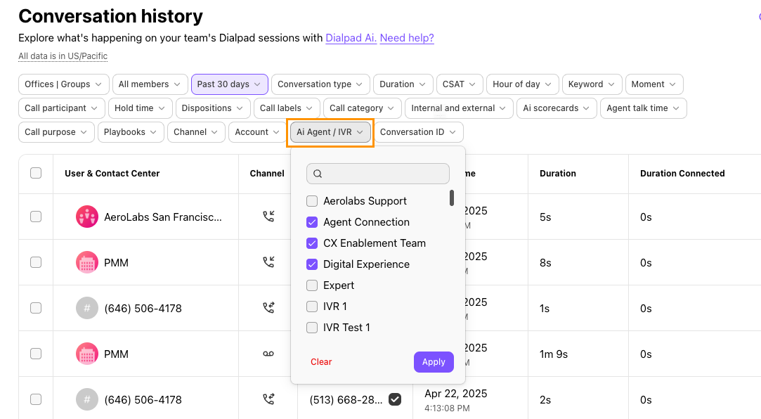 Alt Text Option  "Screenshot of Dialpad's Conversation History page showing the 'Ai Agent / IVR' filter dropdown open with checkboxes selected for options like Agent Connection, CX Enablement Team, and Digital Experience, highlighted by an orange box around the 'Ai Agent / IVR' filter button.
