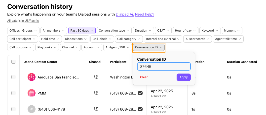 Screenshot of Dialpad's Conversation History page showing the 'Conversation ID' filter menu open with a numerical ID entered into the input field, highlighted by an orange box around the 'Conversation ID' filter button.