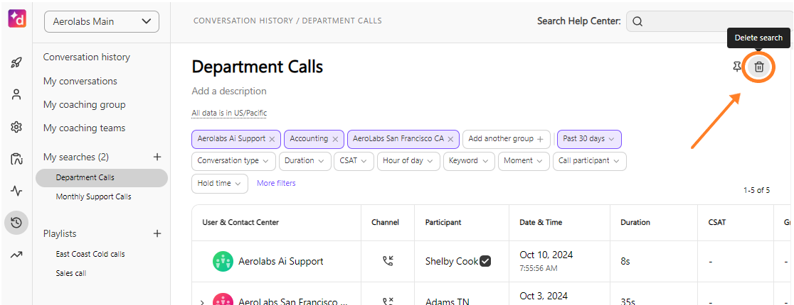Screenshot of Dialpad's Conversation History page showing a saved search titled 'Department Calls', with an orange circle and arrow highlighting the trash icon used to delete the search.