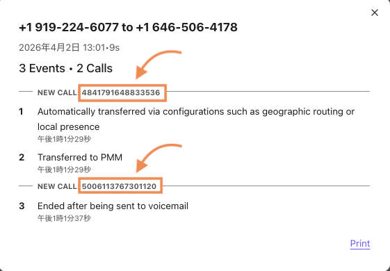 view of the call journey and the phone number