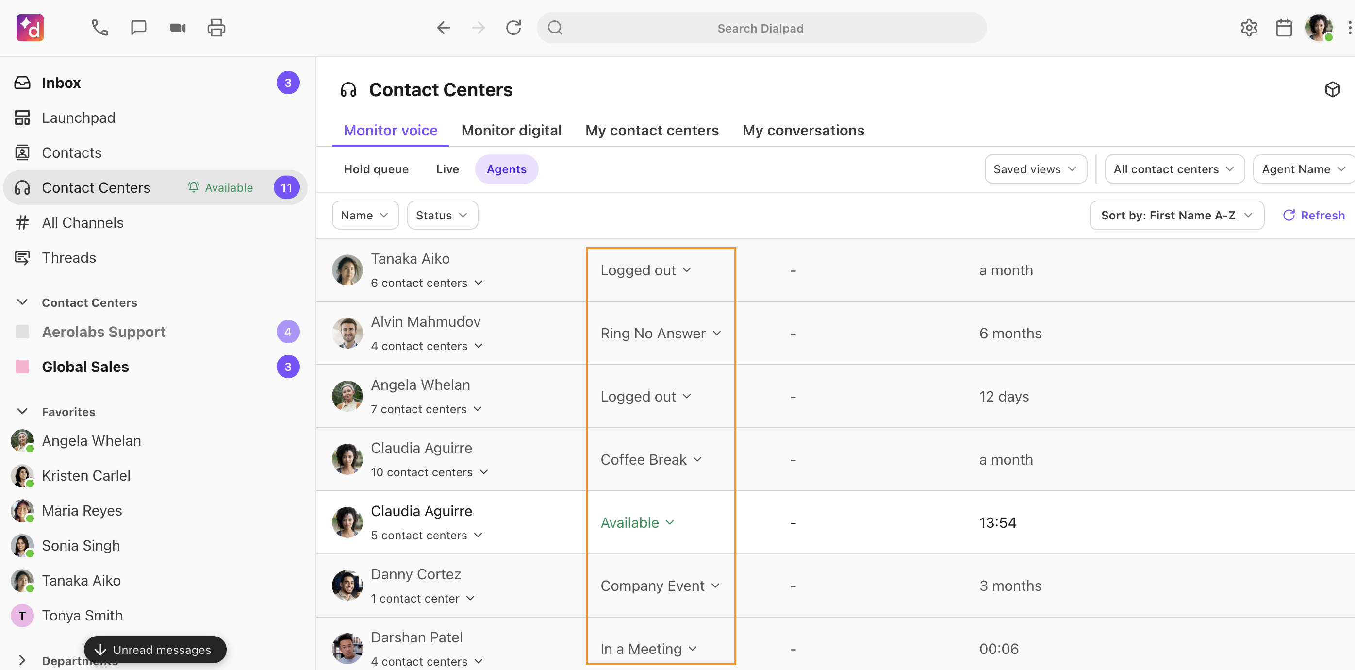 Agent status view in the contact center main view for agents
