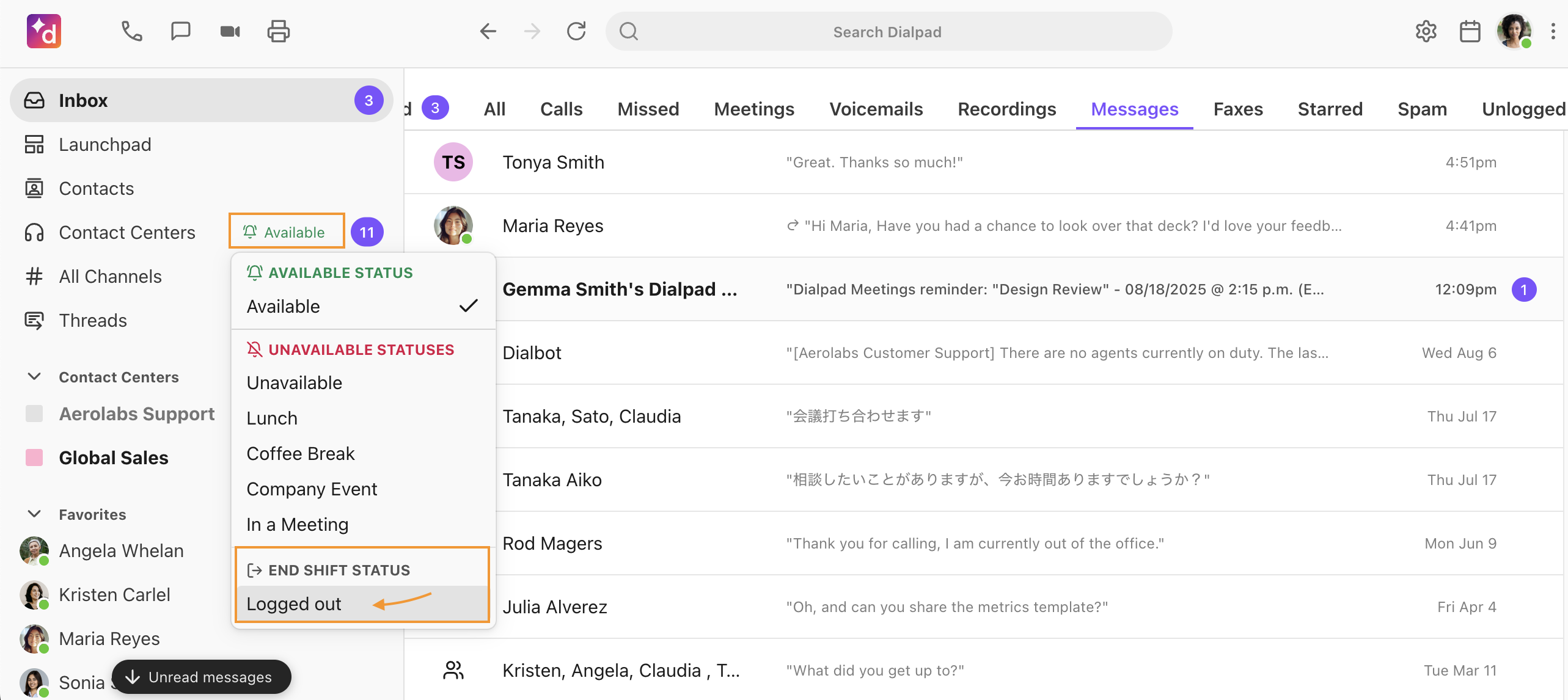 Logged Out option from the main contact center view