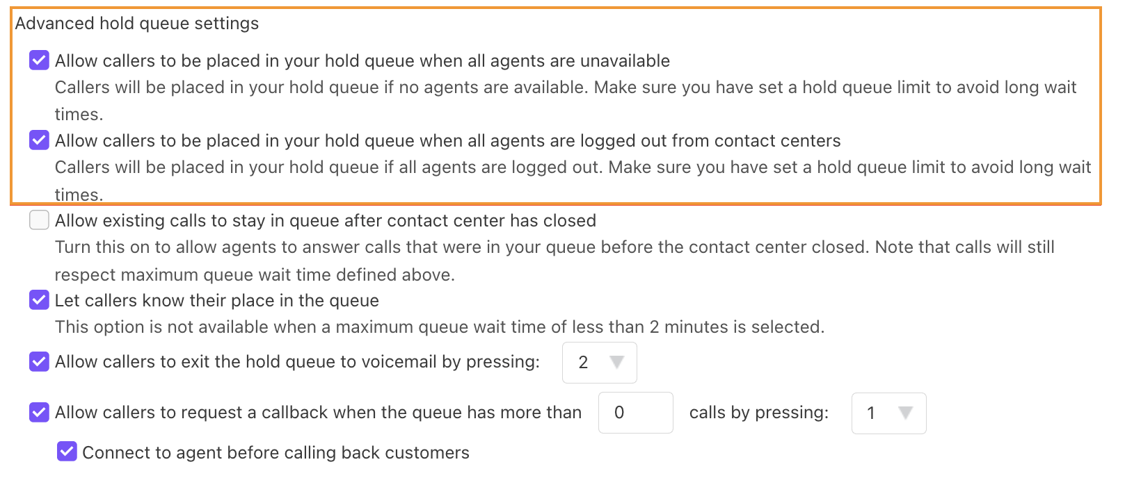 Call routing and hold queue options