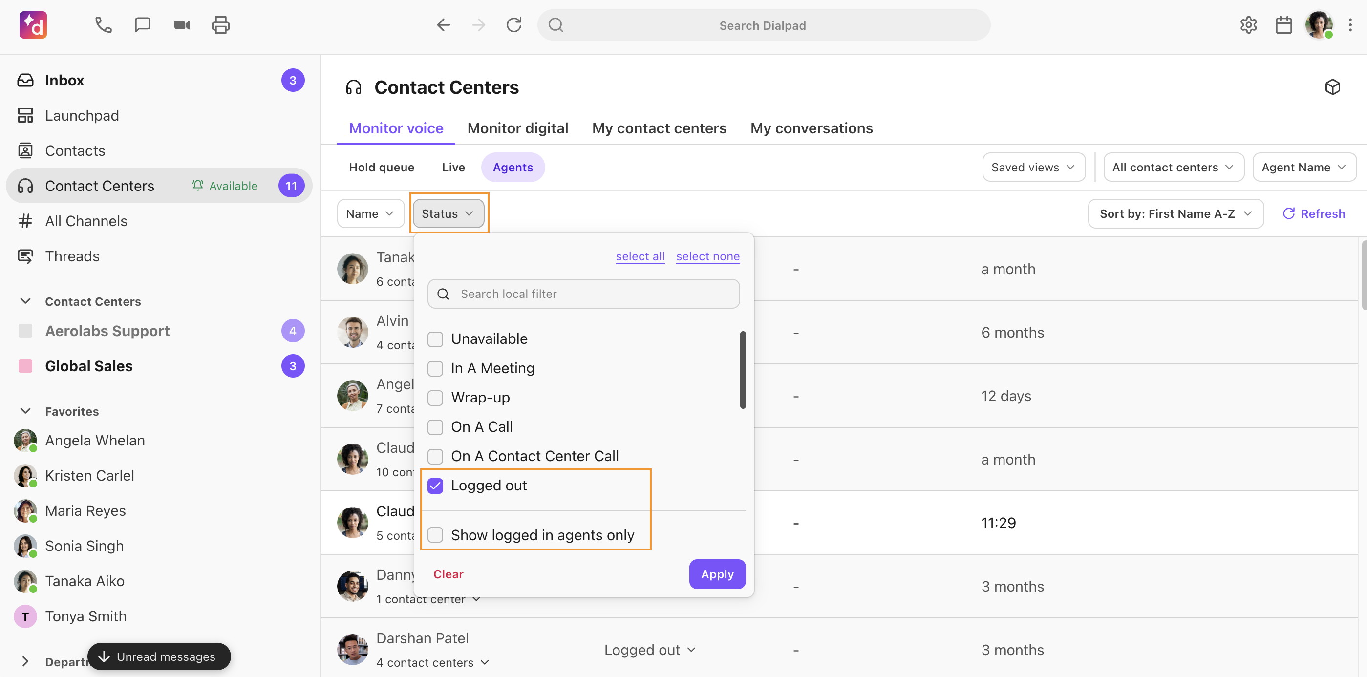 Agent status filtered view on contact center main view
