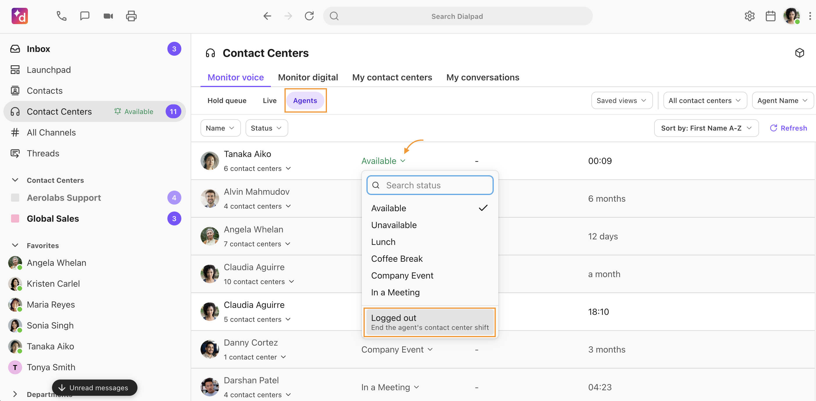 Log out agent option for supervisors