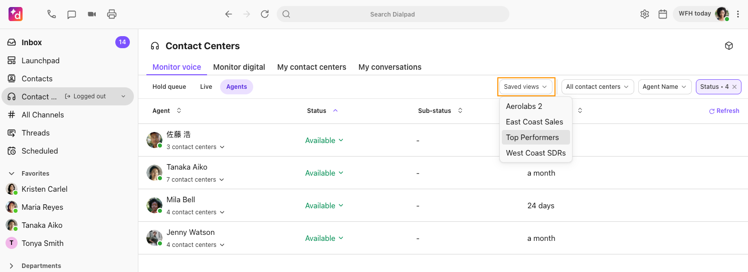 Filter option to select a Contact Center management view that has been previously saved