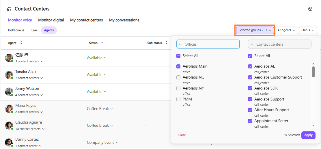Option to filter by office and contact centers within that office to display in the dashboard