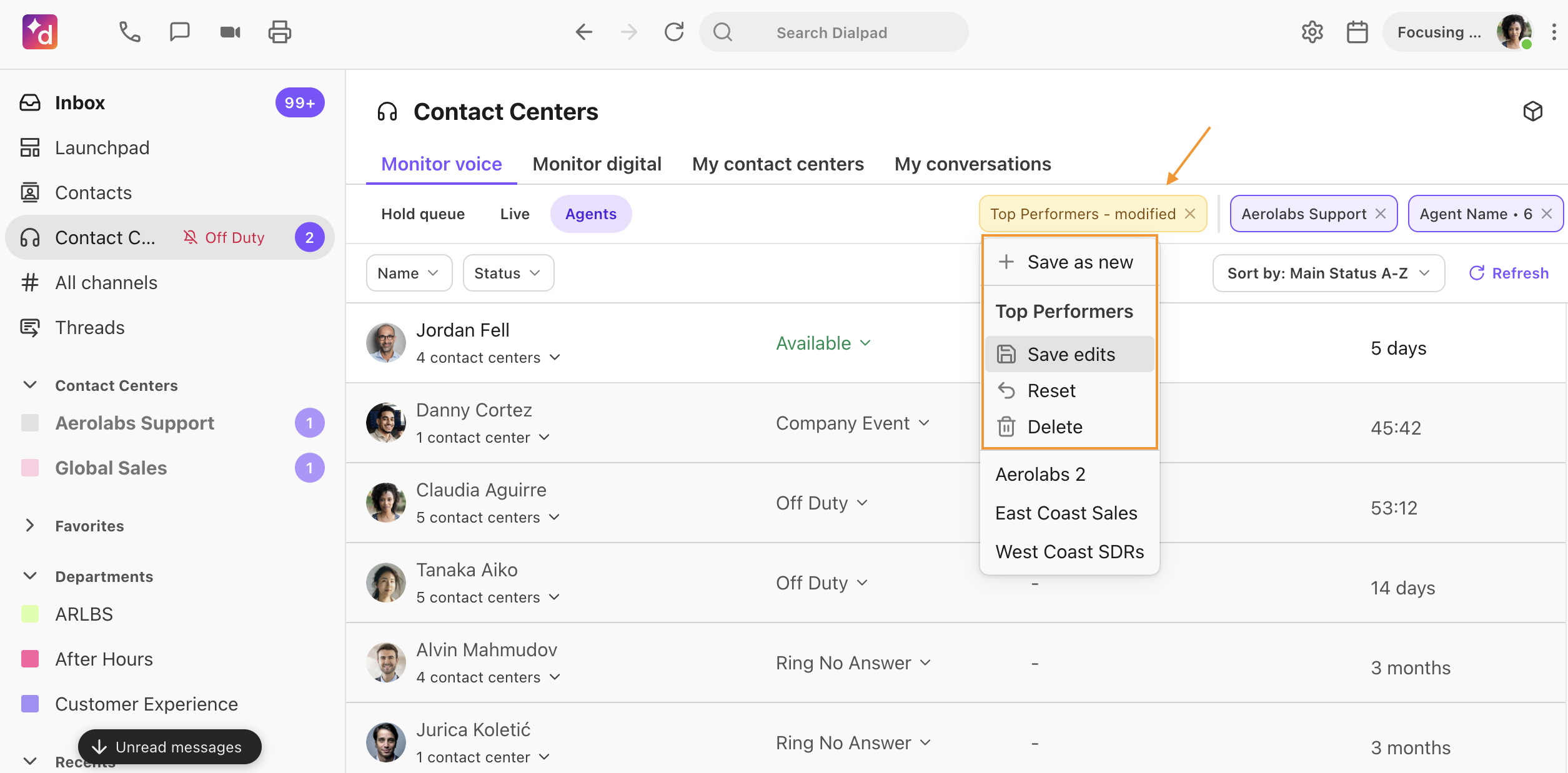 OPtions to edit or delete a saved view for the real-time contact center management dashboard