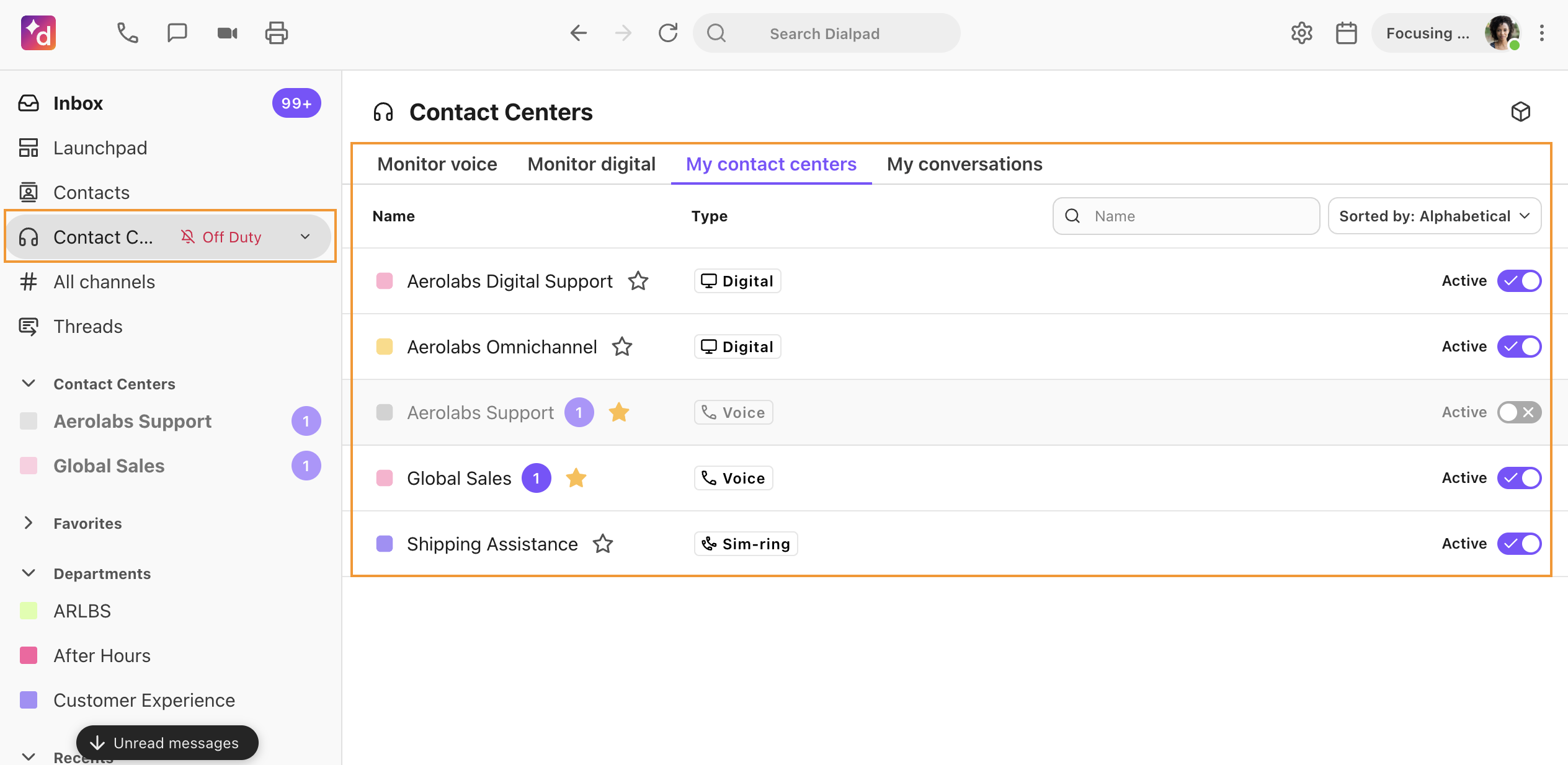 Contact Center management view