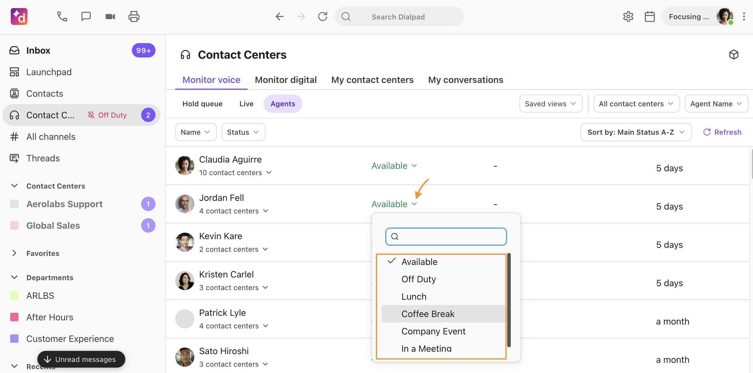 Option for supervisor to change an agent's status from the contact center management dashboard
