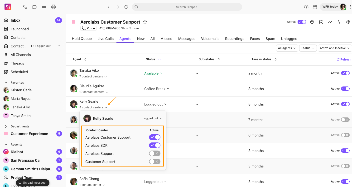 Option for supervisor to toggle an agent's active status on or off