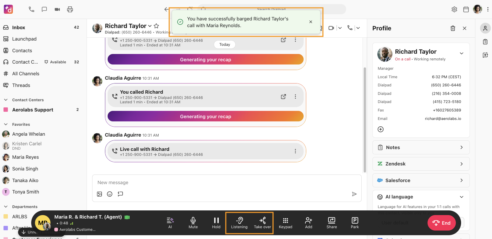 The Listening and Take Over options are highlighted in the call bar of a barged call by a supervisor