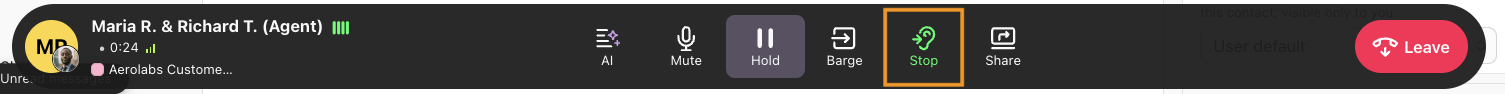 The option to stop whispering on a call is highlighted in the call bar