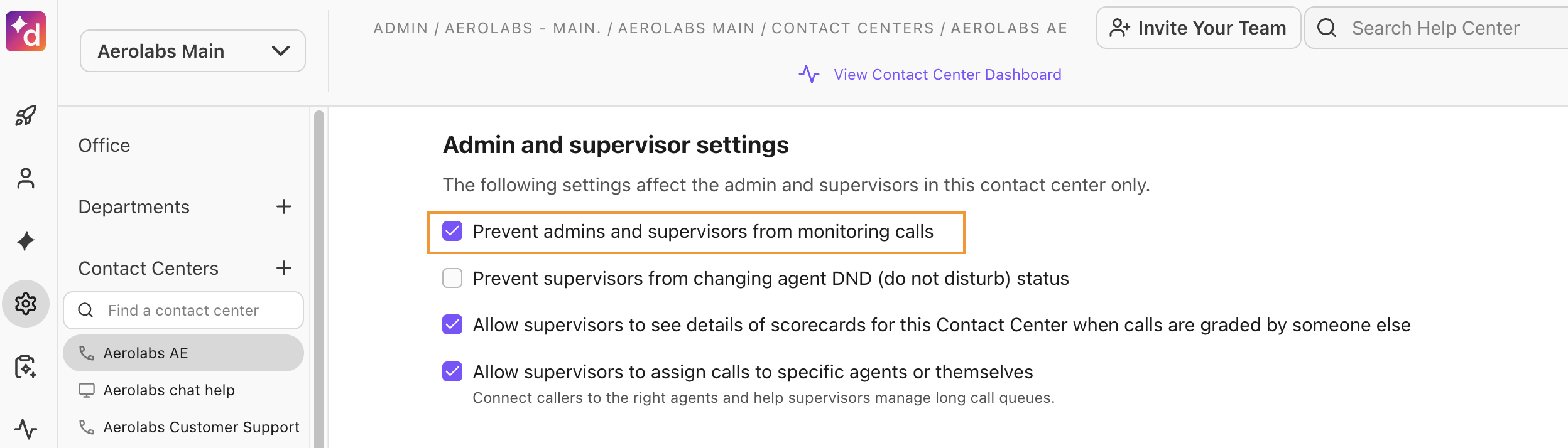 Option to prevent supervisors and admin from listening in on calls