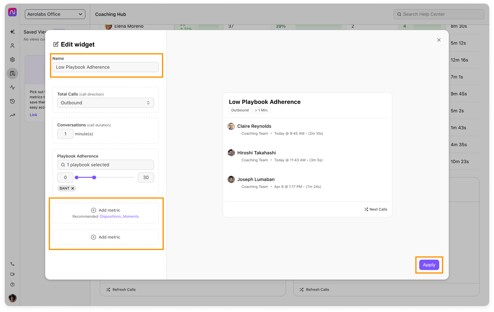 Conversation widget details being edited.