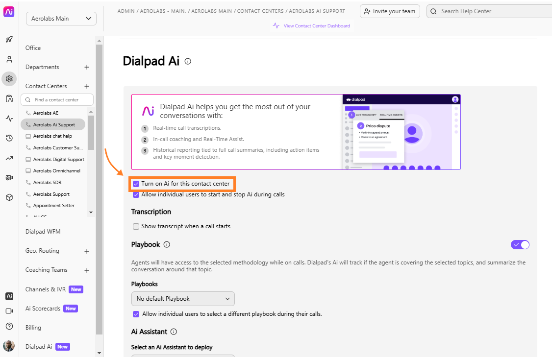 Option to enable Dialpad AI to use coaching hub