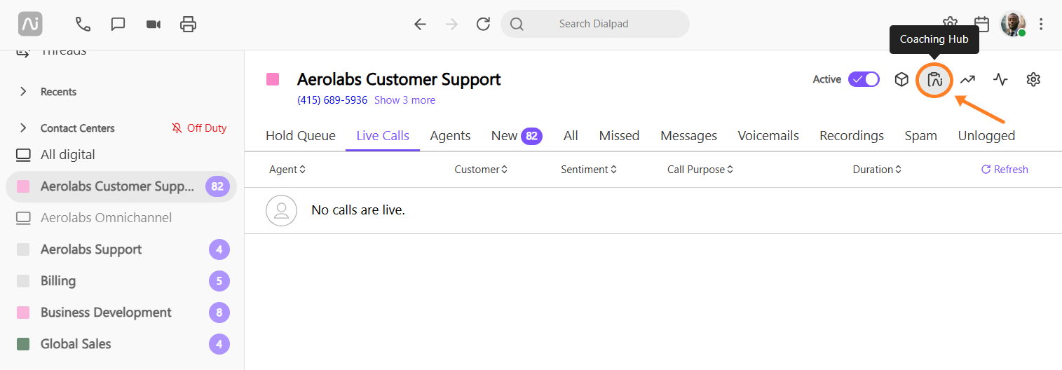 Option to access coaching hub from the Dialpad app
