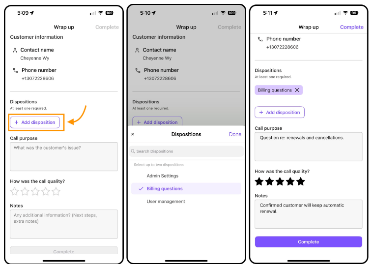 view of entering a call disposition from an iOS phone