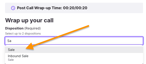 Typing in a disposition to enter for a call