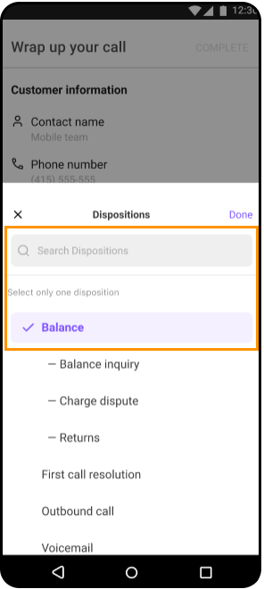 view of entering a call disposition from an Android phone