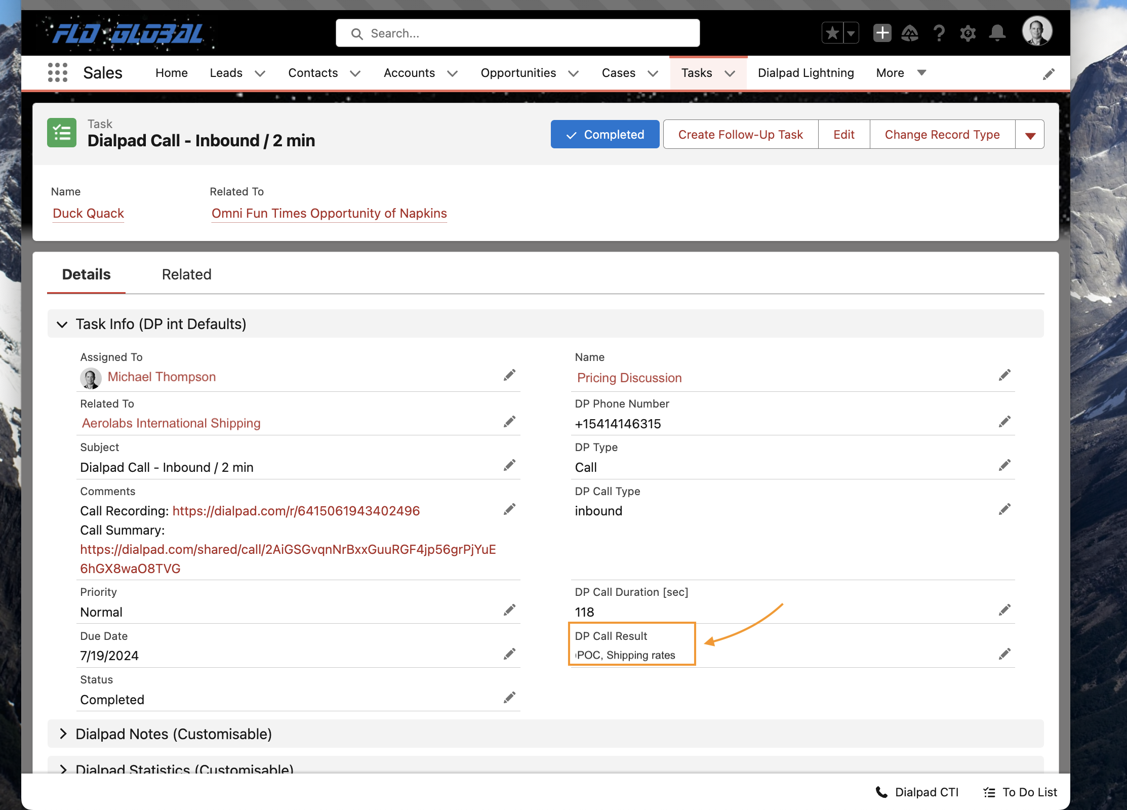 Logging a call disposition from Salesforce