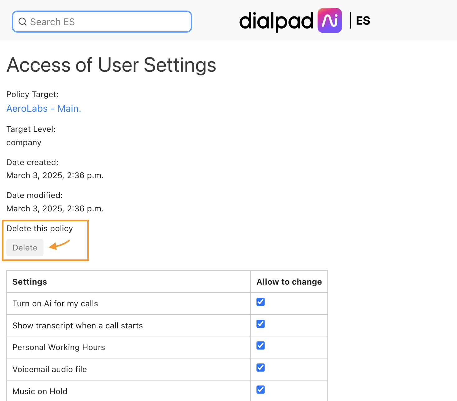 option to choose to delete a policy.