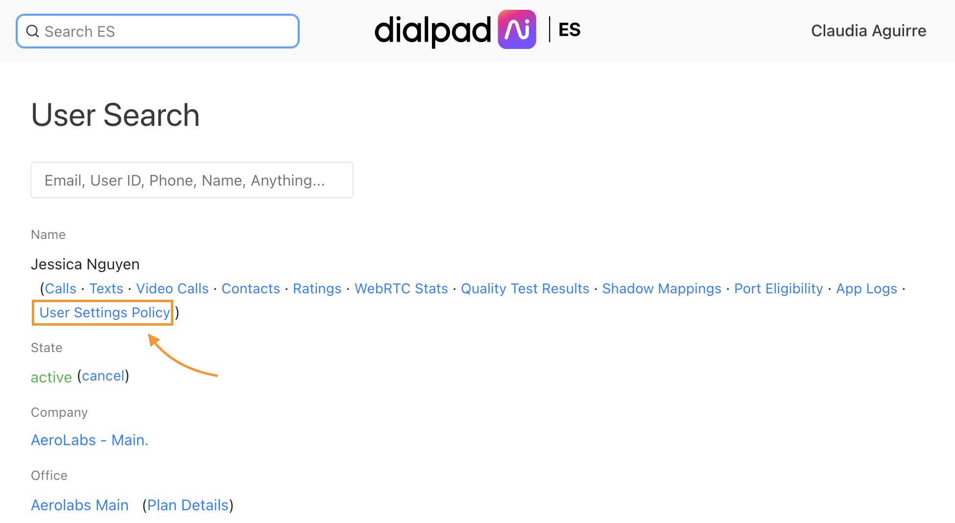 highlighted user settings policy to choose.