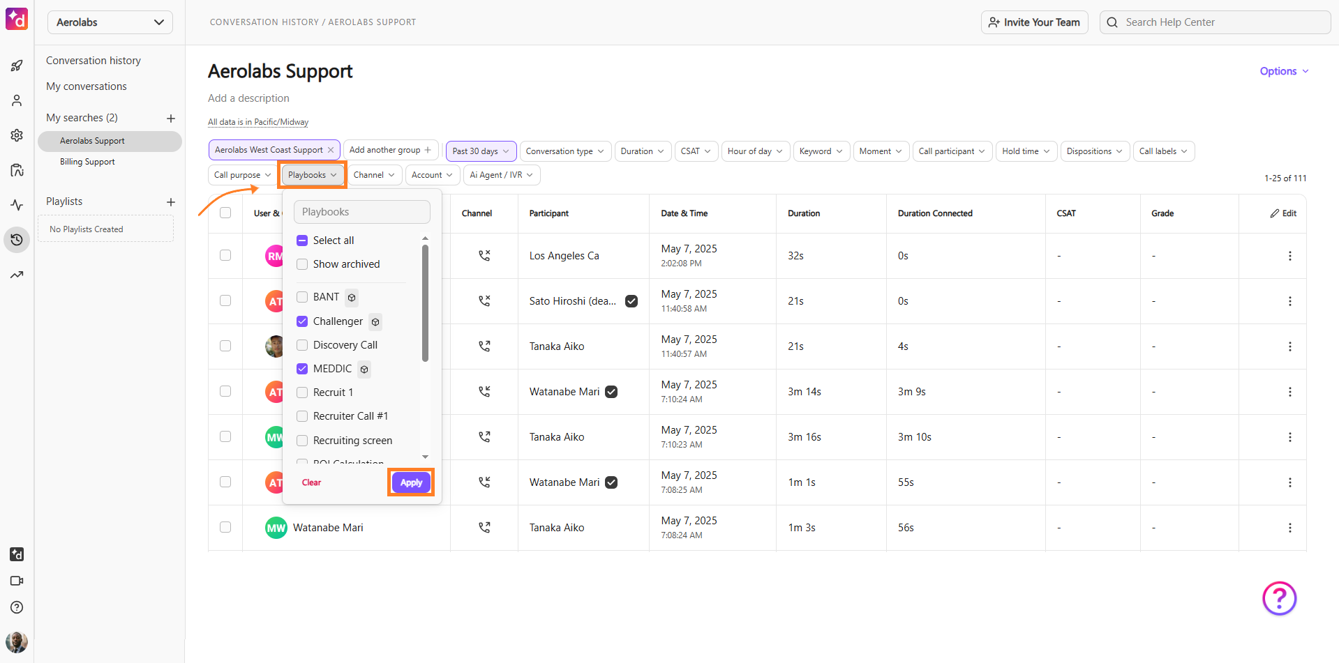 view of conversation page and where to filter to see playbooks 