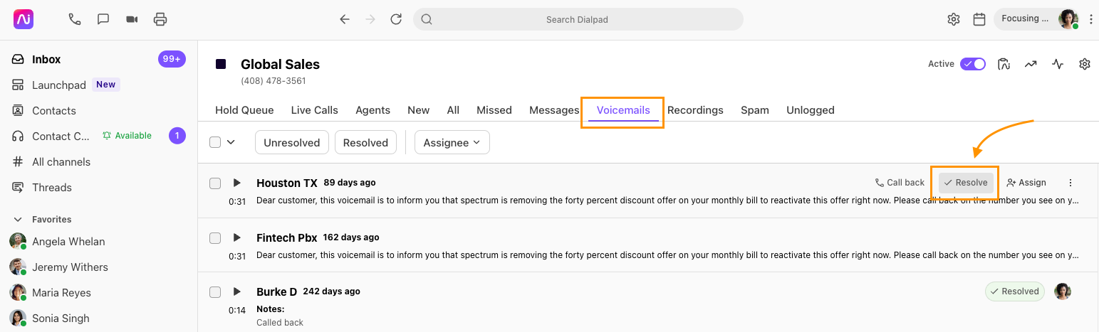 Screenshot of Dialpad open to the 'Voicemails' tab, with an orange box highlighting the tab and an orange arrow pointing to the highlighted 'Resolve' button on a voicemail entry.