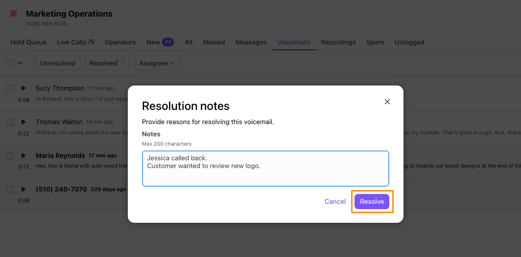 Screenshot of Dialpad's 'Resolution notes' modal window over the Voicemails list, showing text typed into the Notes field and an orange box highlighting the purple 'Resolve' button.