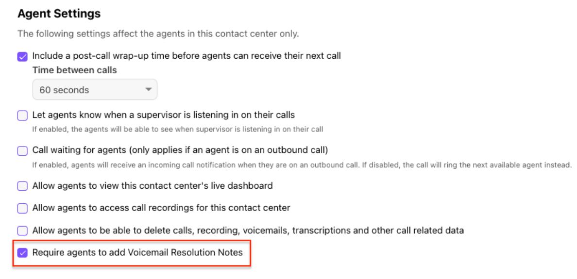 Screenshot of Dialpad's Agent Settings section with various contact center options, highlighted by a red box around the checked setting 'Require agents to add Voicemail Resolution Notes'.