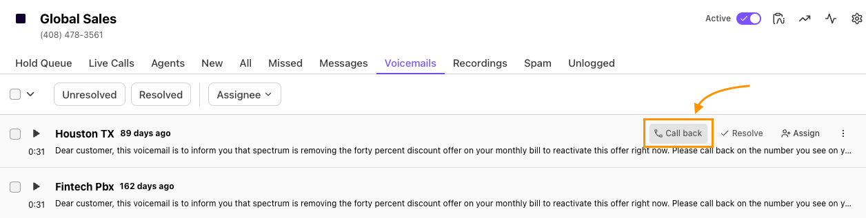 Screenshot of Dialpad open to the 'Voicemails' tab, with an orange arrow and box highlighting the 'Call back' button on a voicemail entry.