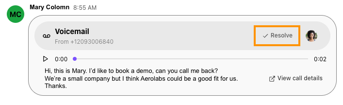Screenshot of an inline voicemail card within a Dialpad conversation thread, showing audio controls, transcript, and an orange box highlighting the 'Resolve' button.