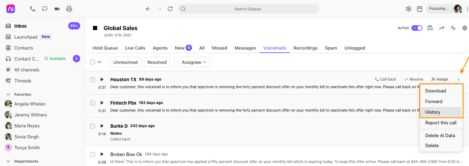 Screenshot of Dialpad open to the 'Voicemails' tab, with an orange arrow pointing to the three vertical dots options menu and an orange box highlighting the selected 'History' menu item.