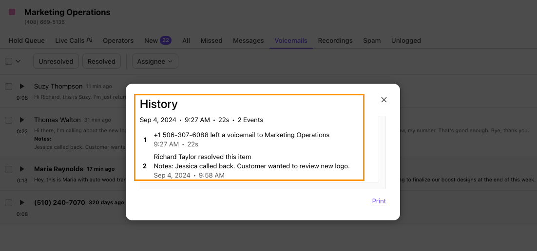Screenshot of Dialpad's 'History' modal window displaying a chronological summary of a voicemail, including details on when it was left, who resolved it, and associated resolution notes, highlighted by an orange box around the history log.