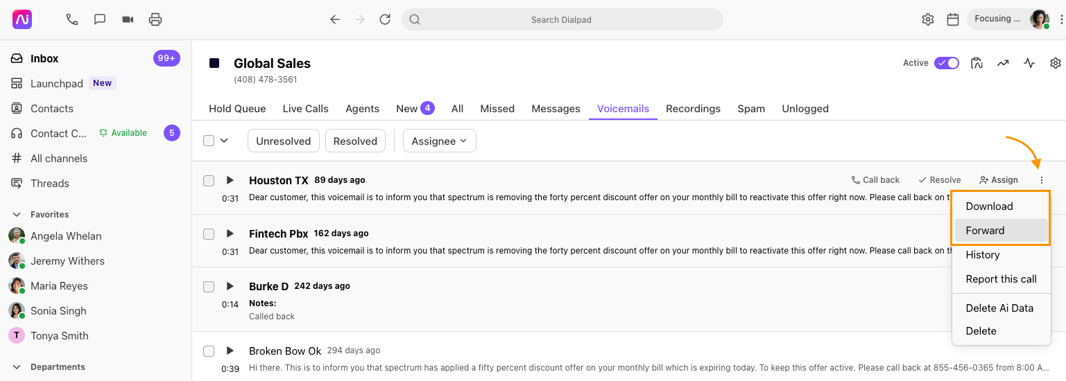 Screenshot of Dialpad open to the 'Voicemails' tab, with an orange arrow pointing to the three vertical dots options menu and an orange box highlighting the selected 'Forward' menu item.