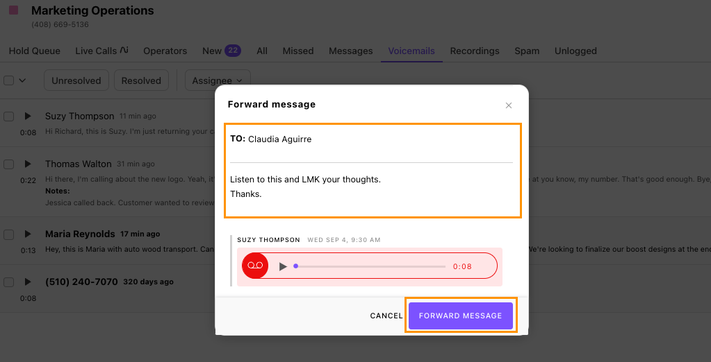 Screenshot of Dialpad's 'Forward message' modal window showing the recipient, an added text note, an attached voicemail recording, and an orange box highlighting the purple 'Forward Message' button.