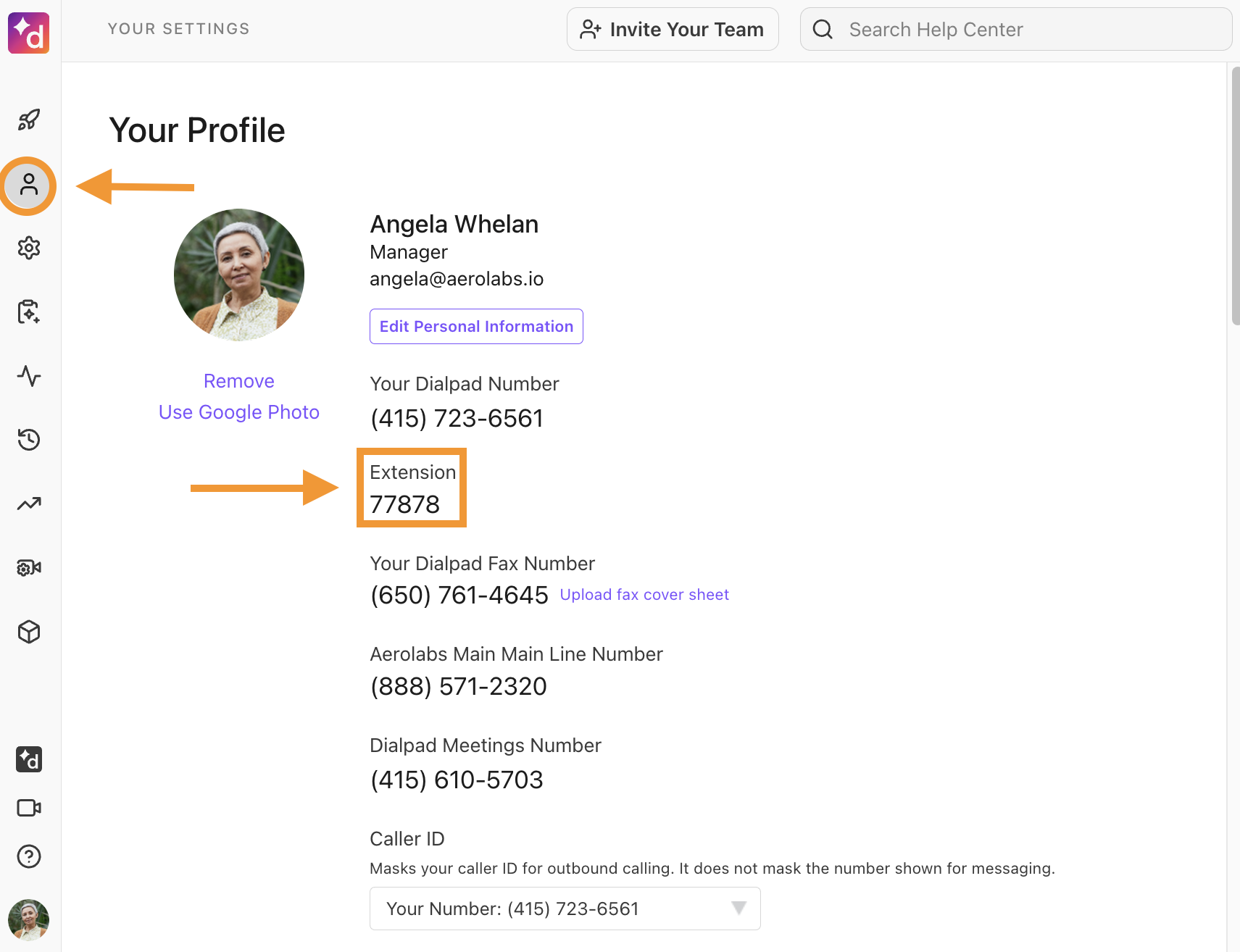 Screenshot of Dialpad's Your Profile settings page under Your Settings, with orange arrows and boxes pointing to the left sidebar profile icon and the highlighted 'Extension' field.