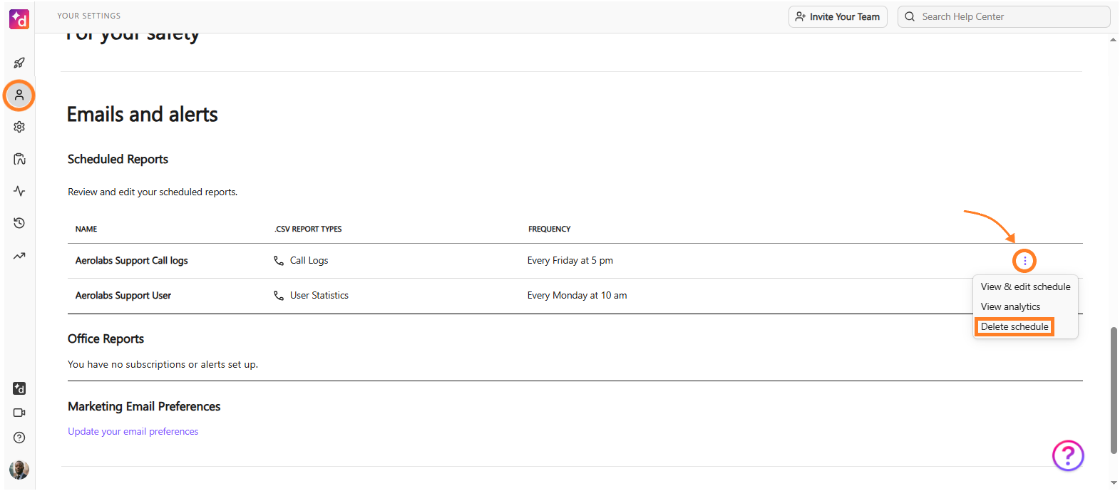 Image of deleting a scheduled report