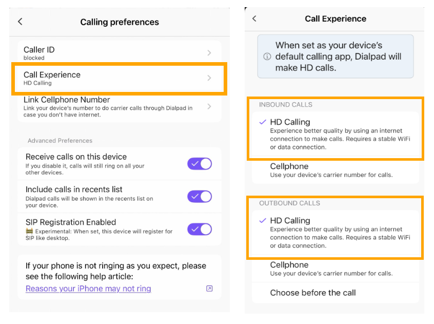 Screenshots of the Dialpad mobile app interface displaying the 'Calling preferences' menu on the left with 'Call Experience' highlighted in orange, and the 'Call Experience' sub-menu on the right highlighting the 'HD Calling' options selected for both inbound and outbound calls.