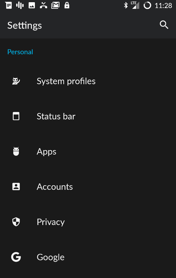 Screenshot of Android Settings menu displaying options under Personal, including System profiles, Status bar, Apps, Accounts, Privacy, and Google.