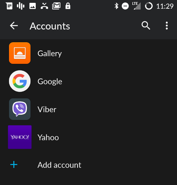 Screenshot of Android Accounts settings screen displaying linked service options, including Gallery, Google, Viber, Yahoo, and Add account.