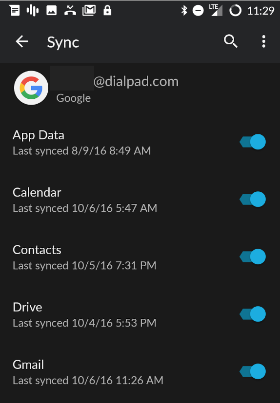 Screenshot of Android Google Sync settings screen for a Dialpad email account, showing toggle switches for App Data, Calendar, Contacts, Drive, and Gmail.