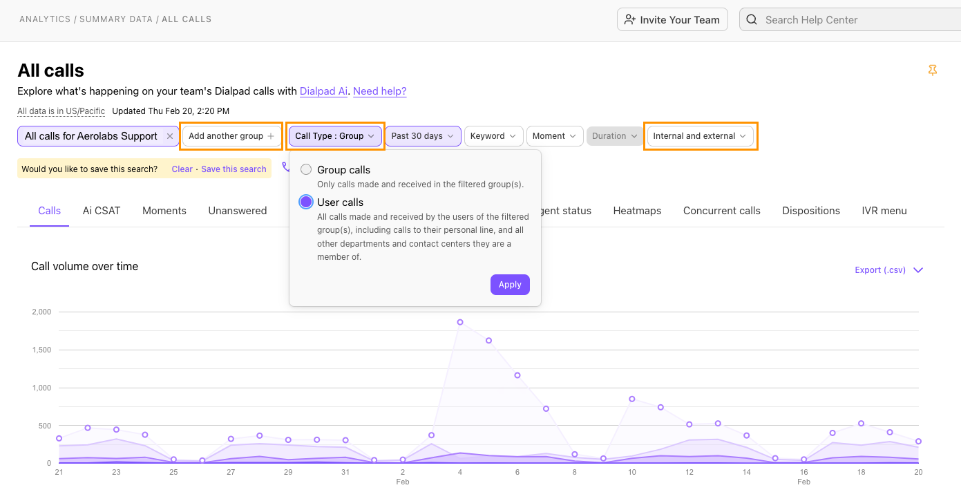 Image showing filters on All calls,