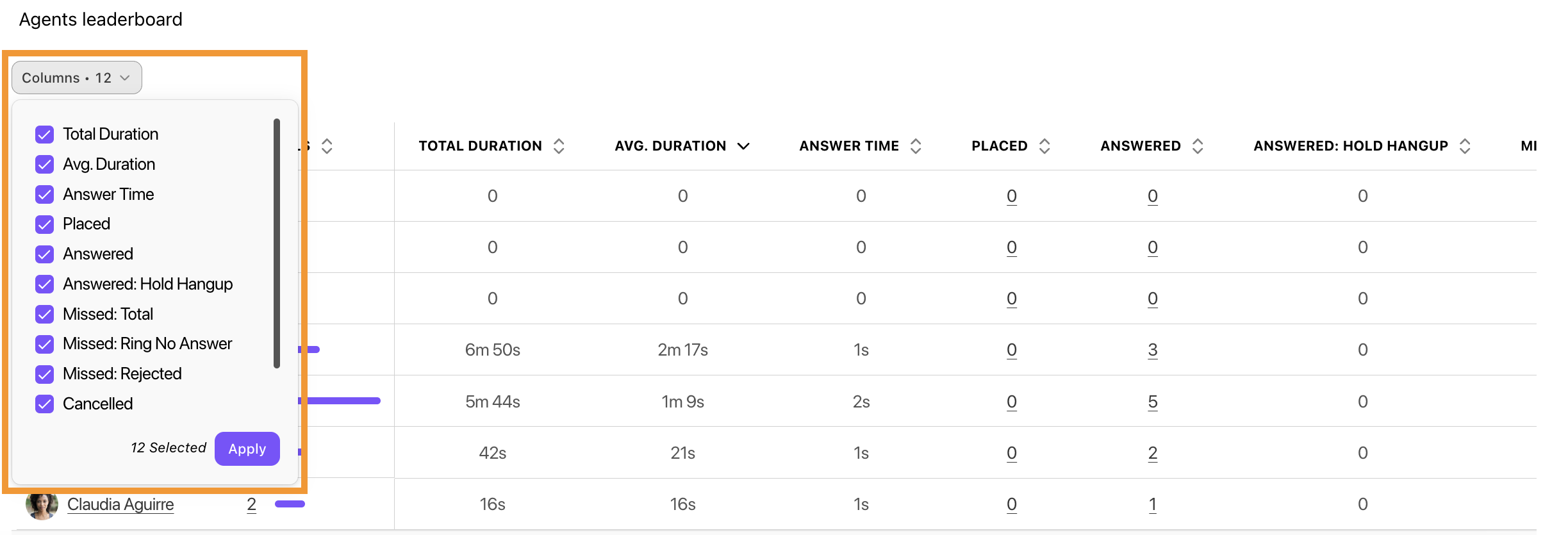 Image of filters available for agent leaderboard.