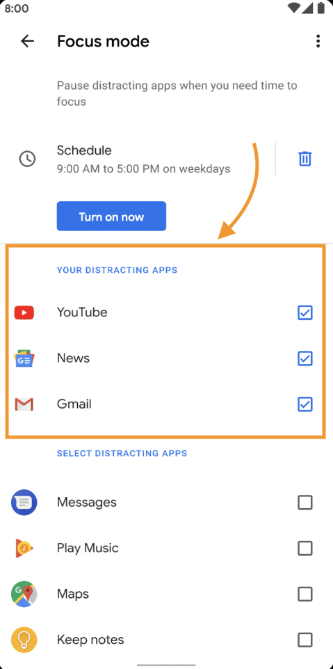 Screenshot of Android's Focus mode settings screen, with an orange arrow and box highlighting the 'Your distracting apps' section where selected apps can be managed or deselected.