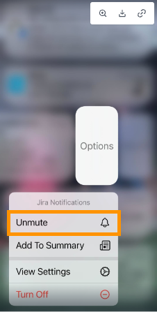 Screenshot of an iOS notification options menu displaying notification actions, featuring an orange box highlighting the 'Unmute' button.