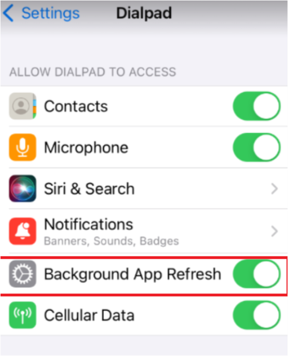 Screenshot of iPhone settings for the Dialpad app, showing app permissions including Contacts, Microphone, Siri & Search, Notifications, Cellular Data, and a red box highlighting the enabled 'Background App Refresh' toggle.