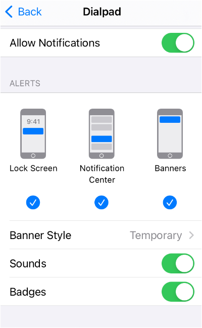 Screenshot of iPhone Notification settings for the Dialpad app, displaying enabled 'Allow Notifications', selected Alert styles for Lock Screen, Notification Center, and Banners, and enabled toggles for Sounds and Badges.