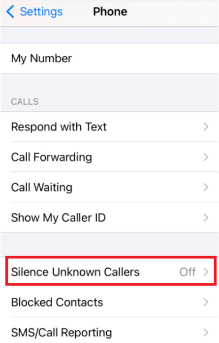 Screenshot of iPhone Settings page for the Phone menu, featuring a red box highlighting the 'Silence Unknown Callers' option set to Off.